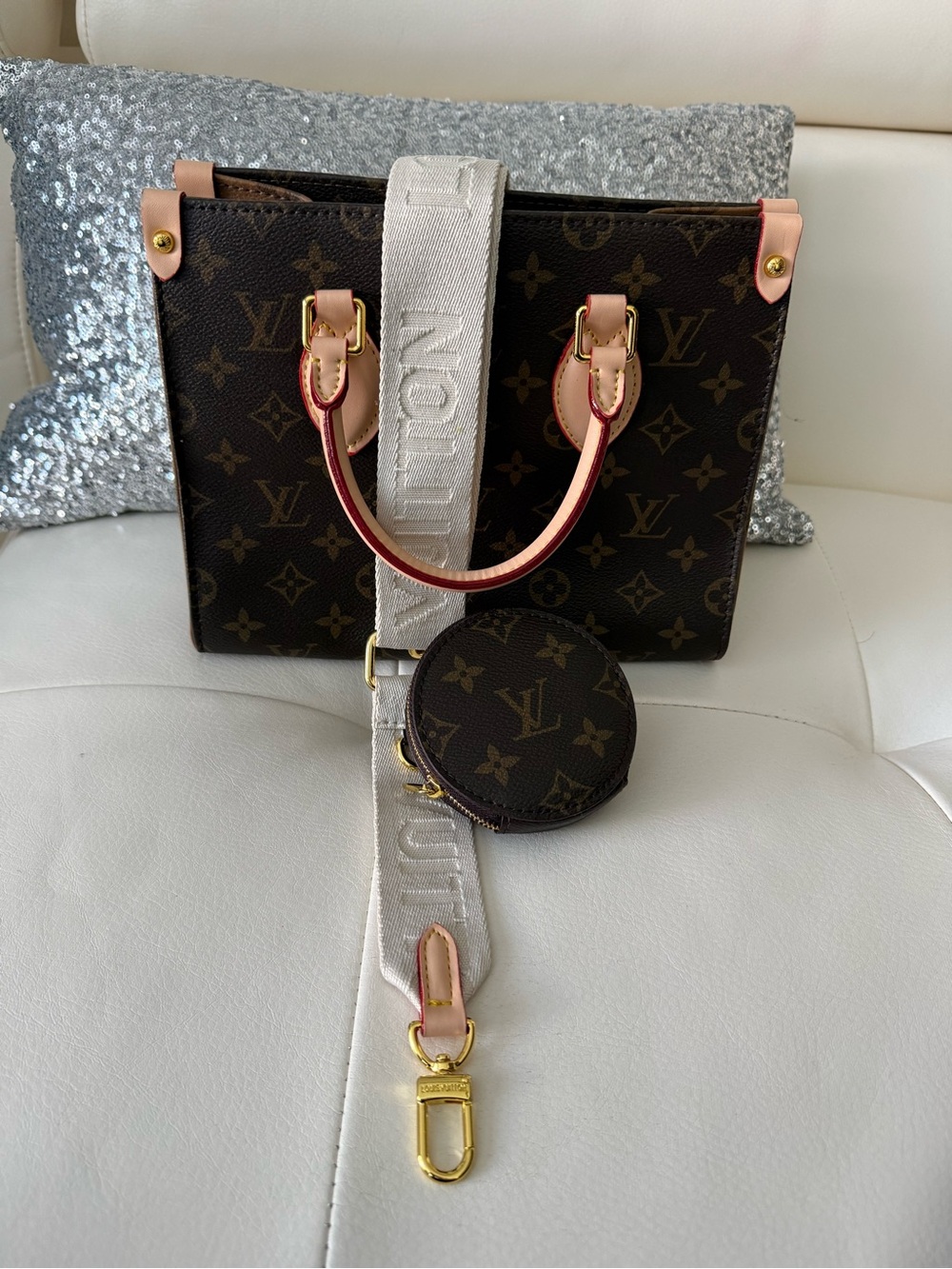 Designer inspired Monogram Canvas handbag with coin purse and strap.